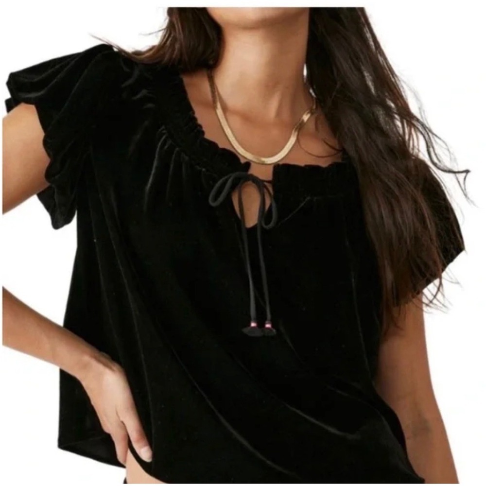 Free People Velvet Top Size L Black Smocked Puff Sleeve Tie Neck Boho